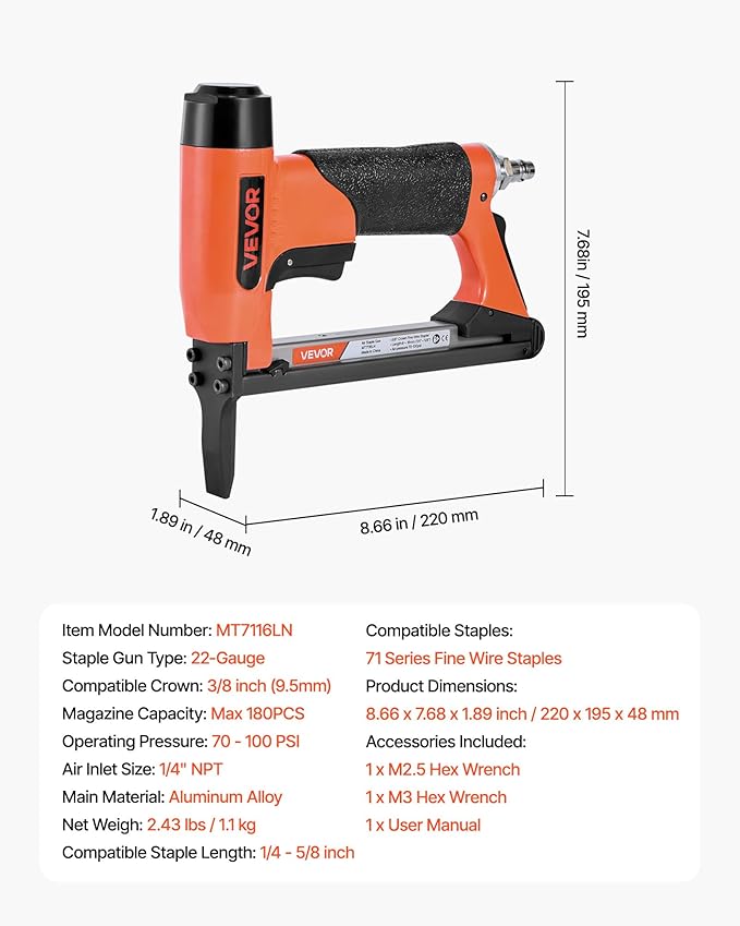 VEVOR Pneumatic Staple Gun, 22 Gauge Long-Nose Upholstery Stapler for 71 Series Fine Wire Staples 3/8-inch Crown 1/4"-5/8" Length, Max 180PCS Loading Air Staple Gun for Upholstering, Woodworking, DIY