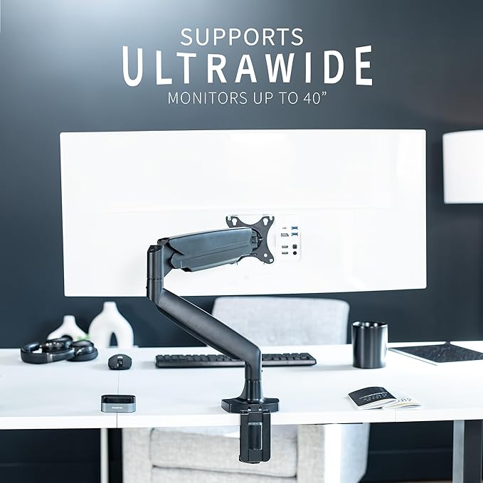 VIVO Premium Aluminum Heavy Duty Single Monitor Arm for Ultrawide Monitor up to 40 inches and 24 lbs, Desk Mount Stand, Pneumatic Height, Max VESA 100x100, Black, STAND-V101Q