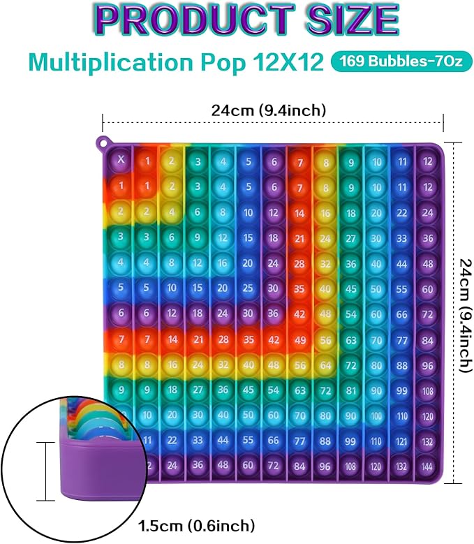 AK-SHIP Multiplication Game Table, 12 X 12 Multiplication Math Board Numbers Addition and Multiplication Table in one, Rainbow Dimple Fingertip Toys, Stress Relieving （1 Piece）