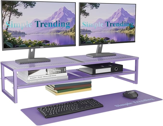 Simple Trending 2 Tier Metal Dual Monitor Stand Riser, Computer Office Desktop Organizer for 2 Monitors with 32"x10" Mouse Pad for Laptop, Printer, TV, Purple
