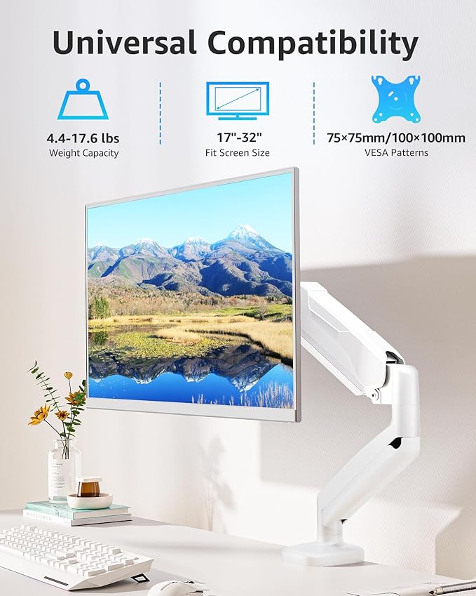 MOUNTUP Single Monitor Desk Mount Holds Screen up to 32 inch, Height Adjustable Monitor Arm, Computer Monitors Stand with Clamp/Grommet Mounting Base, VESA Mounts Fit 4.4-17.6lbs Computer