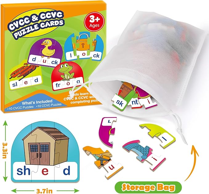 CVCC & CCVC Puzzle Cards for Kids,Phonics Games,Speech Therapy Toys for Toddlers,3 Alphabet Letter Word Puzzle,Learning Reading Spelling Games,Preschool Kindergarten Classroom Must Haves