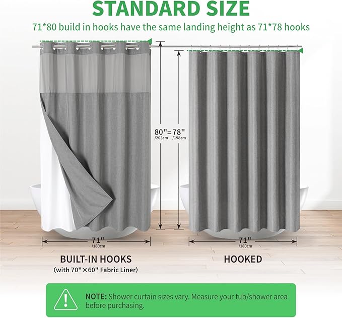 Long No Hooks Needed Linen Textured Shower Curtain with Snap-in Fabric Liner Set,Grey Hotel Luxury Decor Shower Curtains for Bathroom,Waterproof & Washable,71Wx80H