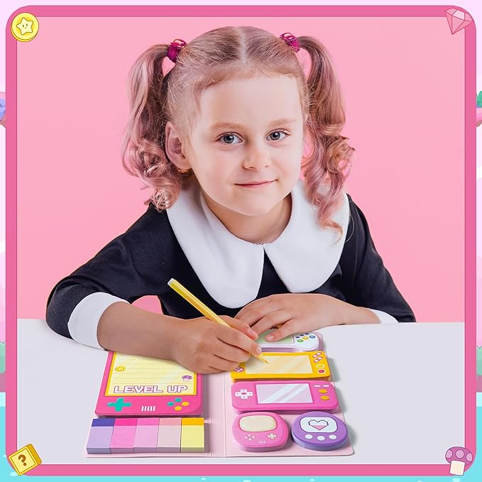 B1ykin Cute Sticky Notes Set - Level Up Video Game Shaped Self-Stick Notes Pad, 550 Sheets Writing Memo Pages Sticky Notepad for Teacher Appreciation Gifts, School Office Supplies (Pink Video Game)
