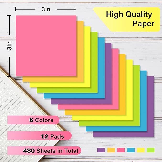 OHOME Sticky Notes - 12 Pads, 3”x3” - Colorful Self-Stick Post Notes Bulk - Office Desk Accessories | Teacher Classroom Must Haves,Aesthetic School Supplies for Home,Easter Basket Stuffers