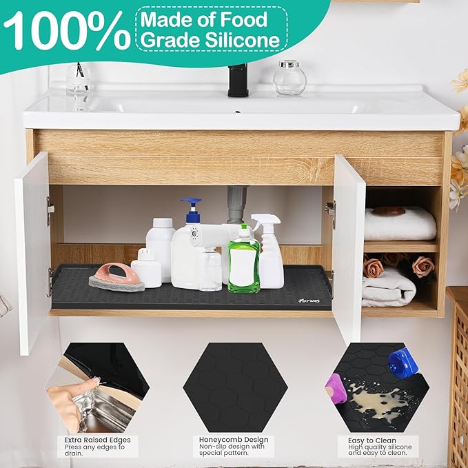 Waterproof Under Sink Mat 28" x 22", Silicone Cabinet Liner, Rubber Protector for Kitchen and Bathroom, Keeps Cabinets Clean, Dry, and Organized (Black)