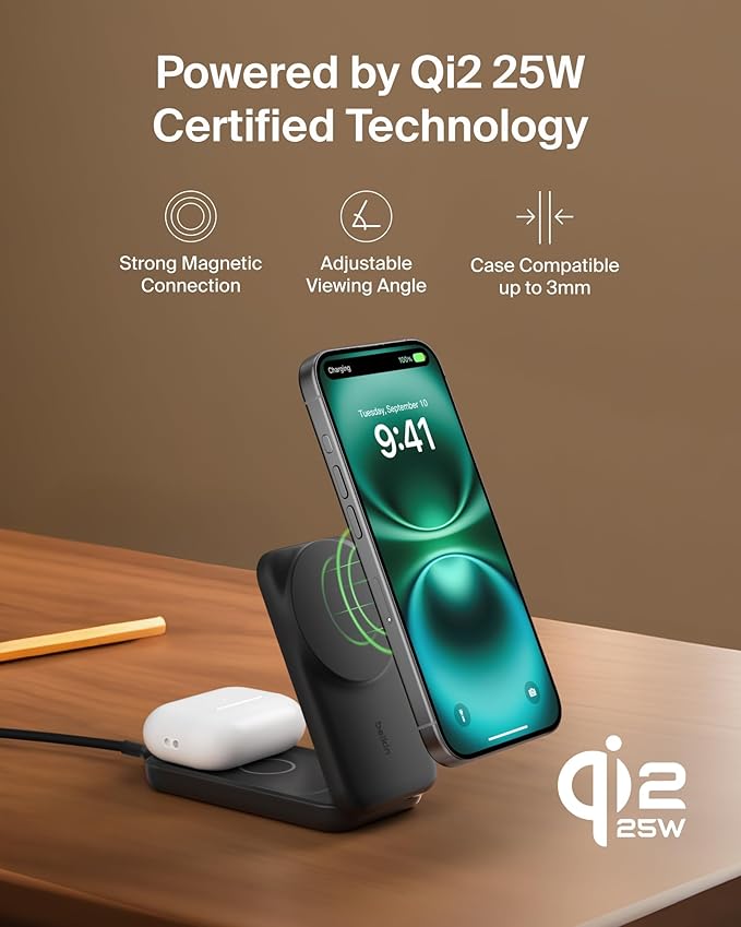 Belkin MagSafe Charger Compatible, 2-in-1 Charging Station, Qi2.2 25W Magnetic Wireless Charger Dock, Foldable Stand, with 5W USB-C Port, for iPhone 17/16/15, Pixel 10, AirPods (45W Adapter Included)