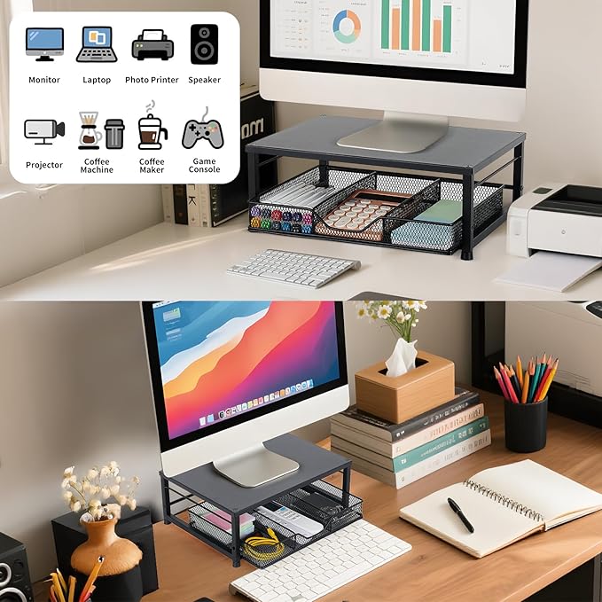 Small Laptop Stand for Desk, Monitor Stand Riser, Office Desk Accessories, Computer Desktop Stand with Drawer for Home, Office, School (Black)