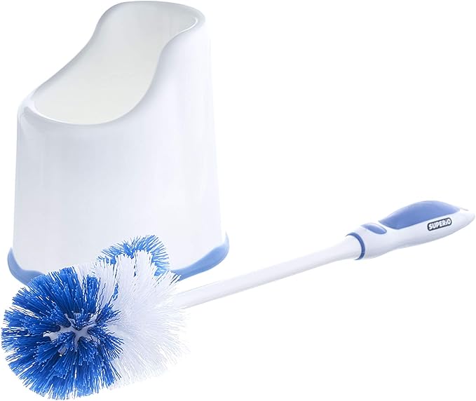Superio Toilet Bowl Brush and Holder with Under Rim Cleaner for Bathroom, Toilet Brush and Caddy with Non Scratch Bristles and Under Rim Lip Brush, White and Blue (2 Pack)