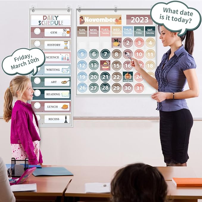 Monthly Calendar Pocket Chart for Classroom, Printed Days of The Week with Cards, Learning for Home or Kindergarten, Teacher Must Have Supplies That Fits Any School Décor (White Calendar+Daily Schedule)