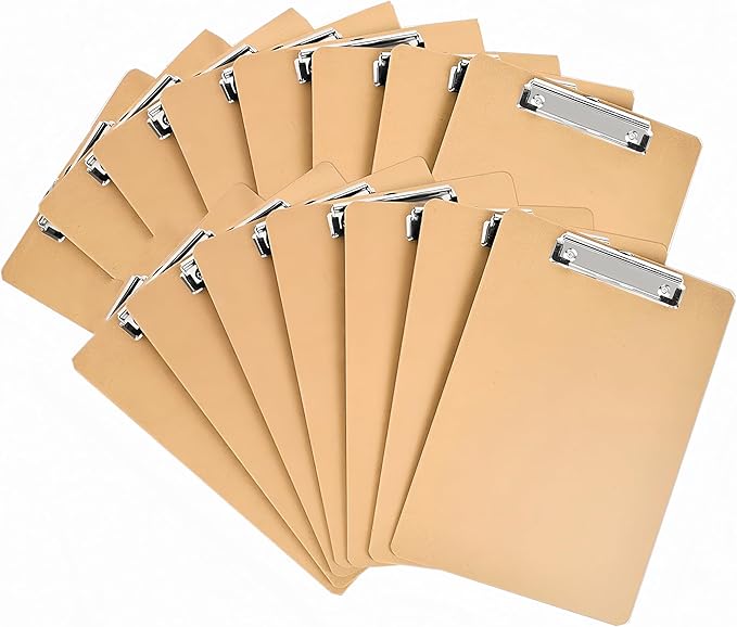 15 Pack Clipboard 9 x 12.5 Letter Size Clip Boards Bulk, A4 Wooden Hardboard Office Clipboards Pack for Classroom, Work-Meetings, Brown