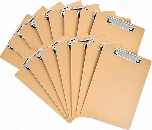 15 Pack Clipboard 9 x 12.5 Letter Size Clip Boards Bulk, A4 Wooden Hardboard Office Clipboards Pack for Classroom, Work-Meetings, Brown
