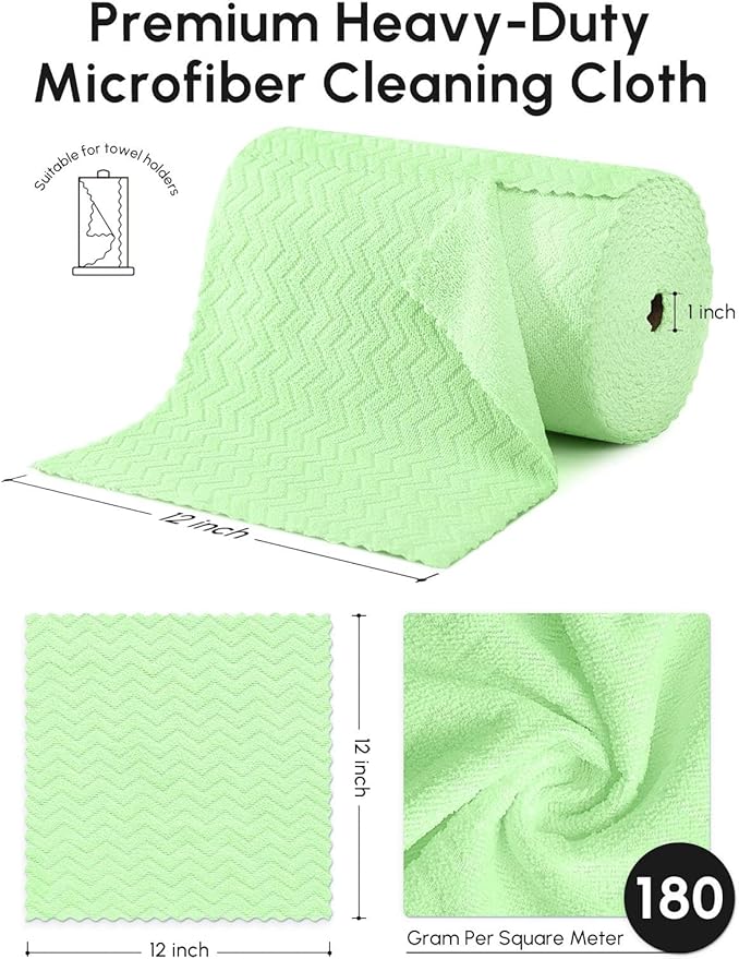 Microfiber Cleaning Cloths Roll, 75 Pack Tear Away Microfiber Towels Roll, 12" x 12" Lint Free Rags, Reusable Cleaning Cloths, Washable, Scratch Free,Ultra Absorbent Dish Rags(Green Ripple)