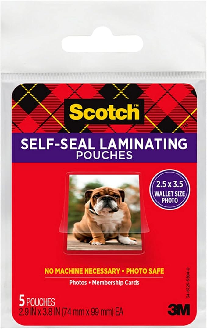 Scotch Self-Sealing Laminating Pouches, Glossy Finish, Wallet Photo Size 2 1/2 in x 3 1/2 in, 5 Pouches