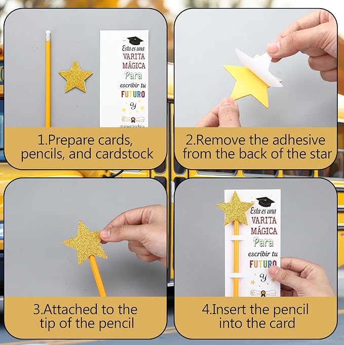Colarr 50 Sets Spanish Graduation Gifts Pencils Class of 2026 Include Star Sticker Magical Wand Pencils Card for DIY Graduation Party Favors End of Year Senior High School College University