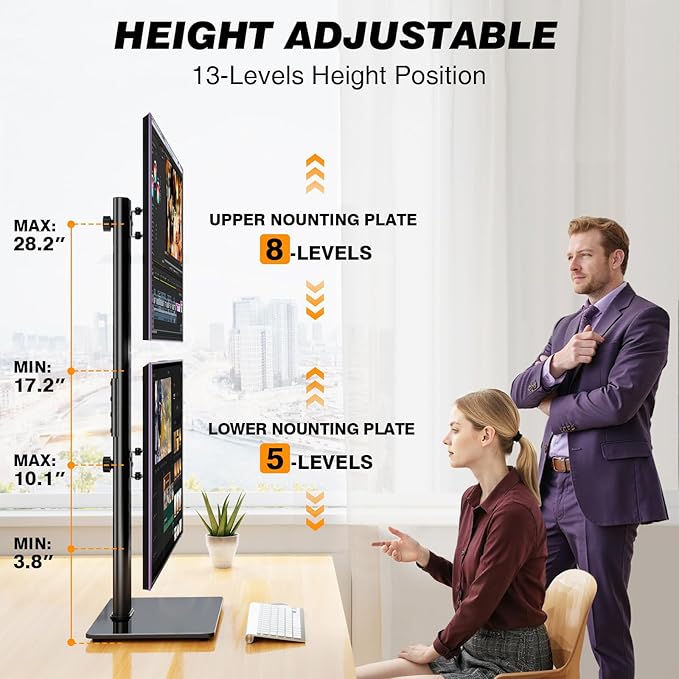 Dual Monitor Stand VESA Mount for 13-38 Inch Screens, Free-Standing Monitor Riser with Swivel, Tilt, Rotation & Height Adjustable, Desk Stand Holds up to 44lbs, Compatible with VESA 75x75-100x100mm