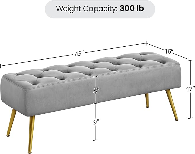Yaheetech Modern Ottoman Bench Velvet Bench Upholstered Footrest with Gold Metal Legs and Padded Seat Gray
