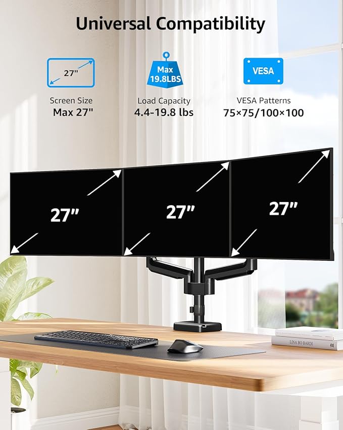 MOUNTUP Triple Monitor Mount, Triple Monitor Desk Mount for Max 27 inch Computer Screens, 3 Monitors Stand for Desk, Monitors Arm with Swivel, Tilt, Rotation, Each Arm Holds 4.4-19.8 lbs