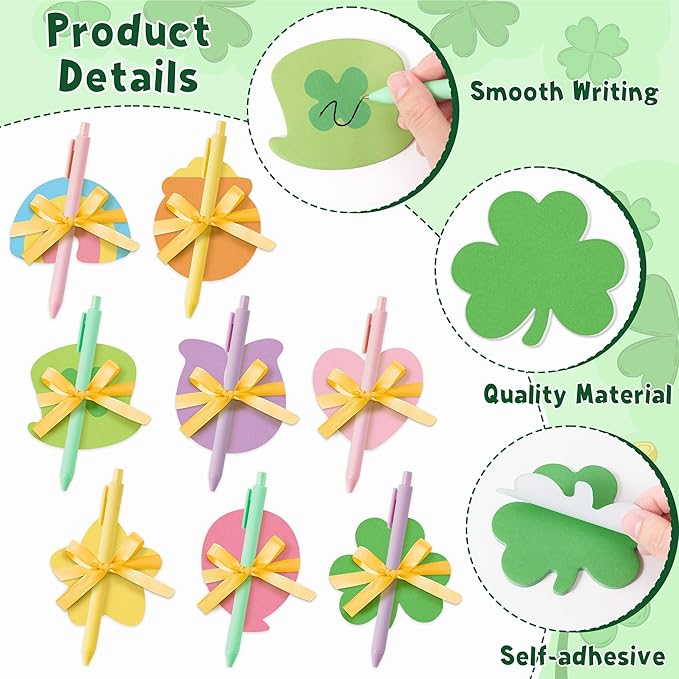 St. Patrick's Day Sticky Note - 24 Set Lucky Charm Bright Colors Super Sticky Notes Polyester Ribbons Ballpoint Pens Sticking Power Page Markers Strong Adhesive Clean Removal Semester School