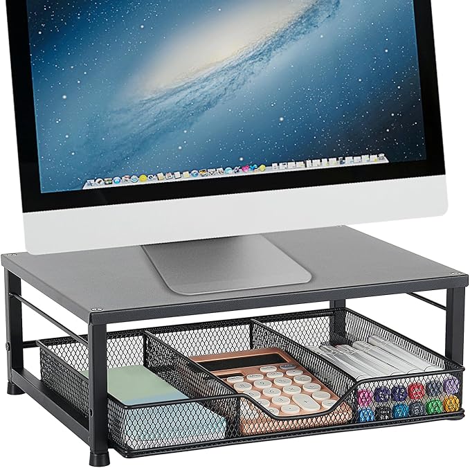Small Laptop Stand for Desk, Monitor Stand Riser, Office Desk Accessories, Computer Desktop Stand with Drawer for Home, Office, School (Black)