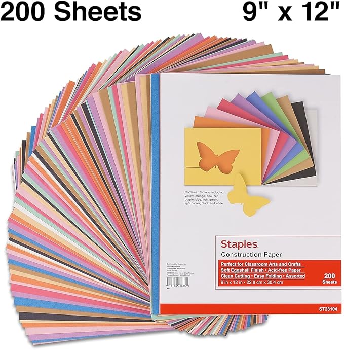 Staples Construction Paper, 9" x 12", Assorted, 200 Sheets/Pack - Paper for Crafts, School Projects & Art Rooms