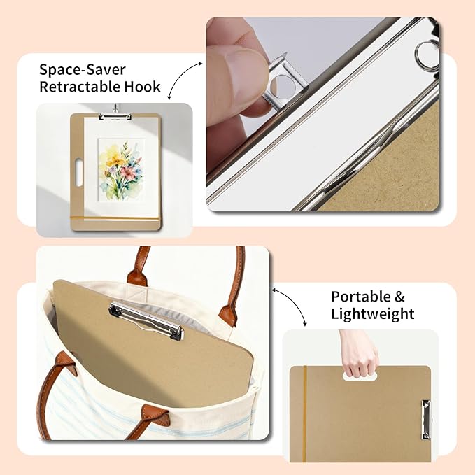 13" x 17" Sketch Drawing Board, Art Board with Handle, Sturdy Clip and Rubber Band, Portable Artist Clipboard Easel for Adults, Classroom, Studio Drafting, Watercolor, Painting Supplies Stuff