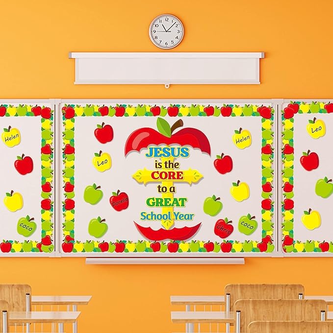 BeYumi 77Pcs Jesus is the Core to a Great School Year Christian Bulletin Board Set Cross Apple Name Tags Cutout Border Trim Back to School Faith Religious Classroom Sunday School Chalkboard Wall Decor