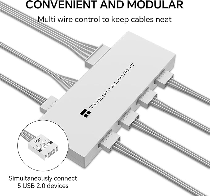 Thermalright Interal USB 2.0 Hub X5, SATA Powered, Magnetic Mount, 9-Pin USB Expansion for PC Motherboard (White)