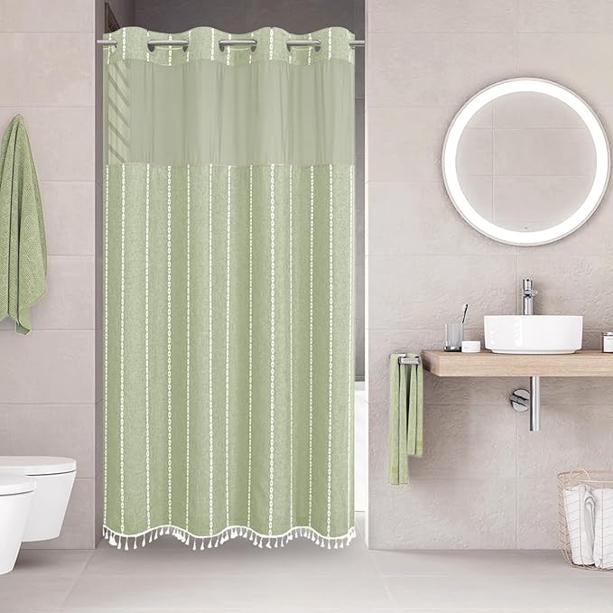 No Hook Stall Shower Curtain with Snap-in Fabric Liner - 54x80 Heavy-Duty Linen Textured Striped Design,Narrow Rustic Modern Farmhouse Bohemian Bathroom Curtain,Water-Repellent,Sage Green