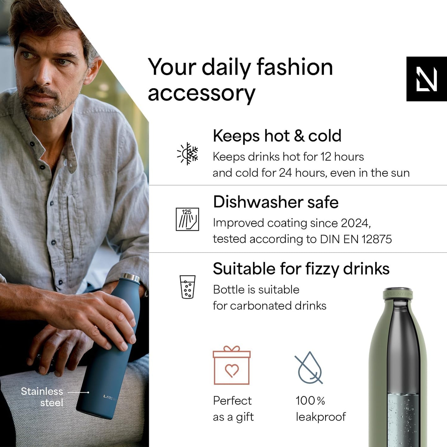 LARS NYSØM Stainless Steel Insulated XL Water Bottle 12oz 17oz 25oz 34oz 51oz | Insulated Thermo Flask for Hot and Cold Beverages | Leakproof Drinking Bottle (Sage Green, XL 50.7oz)