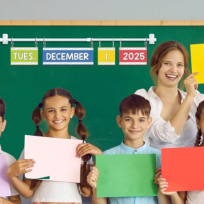 Rainbow Flip Calendar Board Set with Holder, Colorful Classroom Calendar Bulletin Board with Adjustable Rob Rainbow Date Cards for School Classroom Home Decoration Supplies