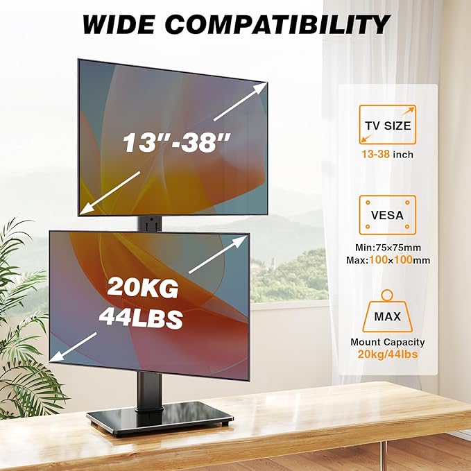 Dual Monitor Stand VESA Mount for 13-38 Inch Screens, Free-Standing Monitor Riser with Swivel, Tilt, Rotation & Height Adjustable, Desk Stand Holds up to 44lbs, Compatible with VESA 75x75-100x100mm