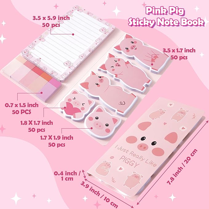 B1ykin Cute Sticky Notes Set - I Just Really Like Piggy Self-Stick Notes Pad, 550 Sheets Writing Memo Pages Sticky Notepad for Teacher Appreciation Gift, School Office Party Supplies (Pink Piggy)
