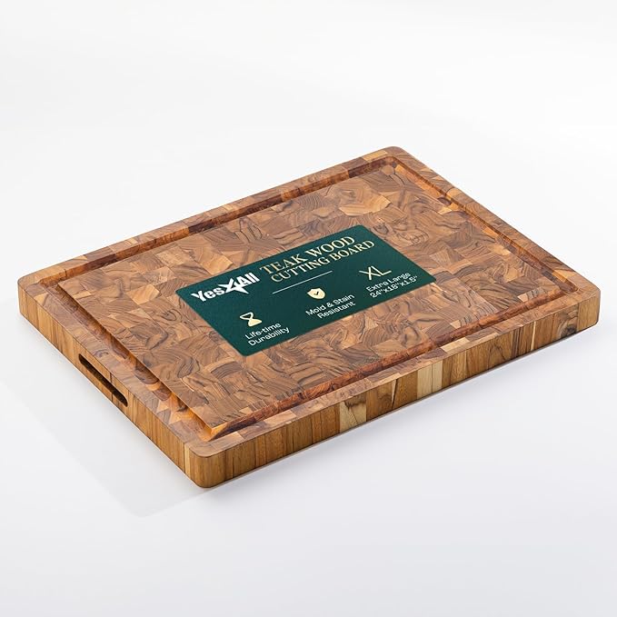Yes4All Durable Teak Cutting Boards for Kitchen, [24''Lx18''Wx1.5” Thick] Extra Large End Grain Cutting Board, Pre Oiled Wood Cutting Boards, Thick Chopping Board w/Juice Grooves and Easy Grip Handle
