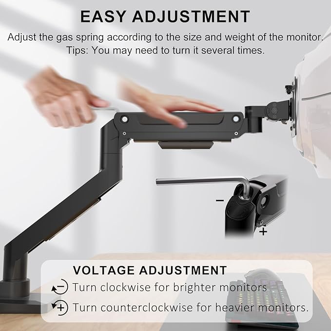 WALI Ultrawide Monitor Arm for 13-49 Inch Heavy Duty Curved Screens, Holds up to 44 Lbs, Adjustable Gas Spring Single Monitor Desk Mount with C-Clamp, Grommet Base, 75/100mm VESA, (GSM001XL), Black