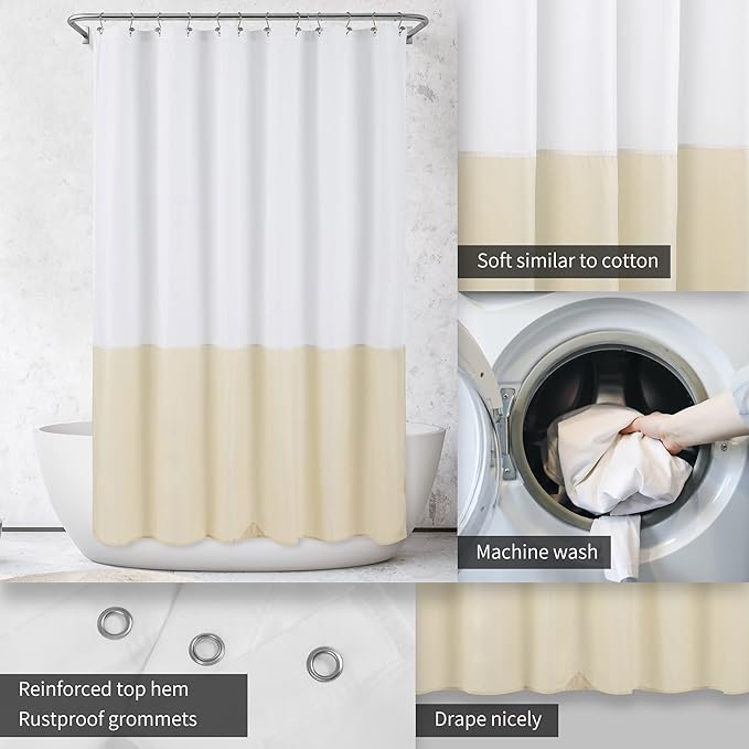 ALYVIA SPRING Waterproof Fabric Shower Curtain Liner - Soft & Light-Weight Cloth Shower Liner, 3 Bottom Magnets, Hotel Quality & Machine Washable - Standard Size 72x72, White and Cream