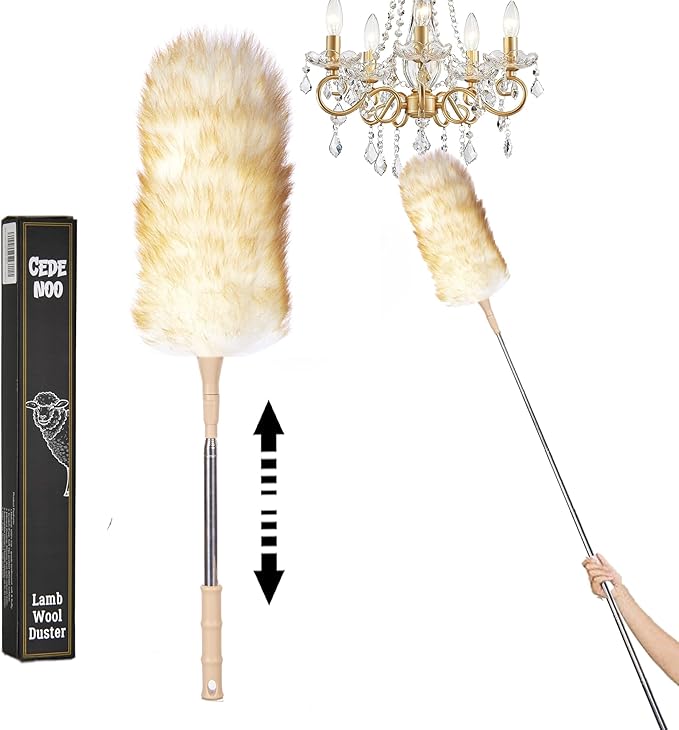 Cedenoo Lambswool Duster Extendable 22–55 Inch Natural Wool Duster with Flexible Head for Ceilings Furniture Blinds Electronics Washable Reusable
