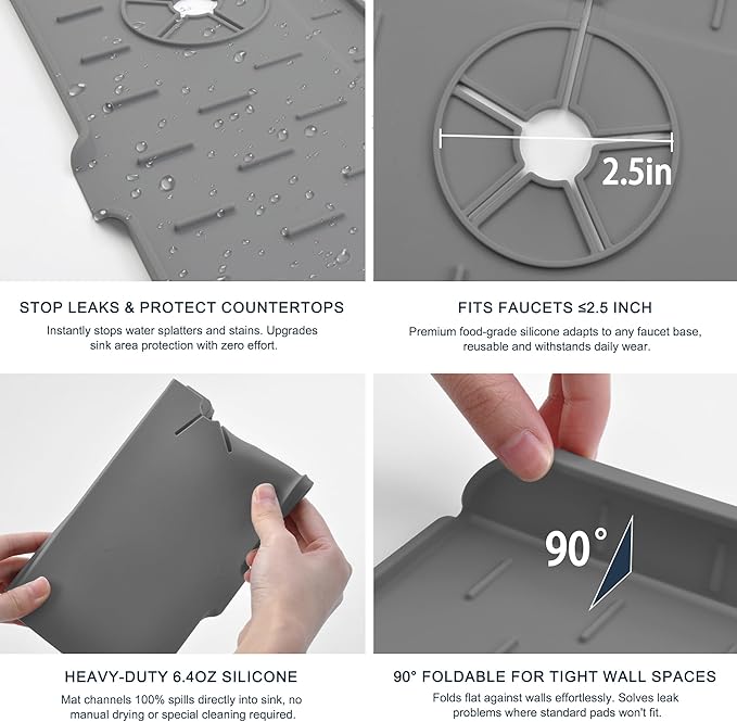 Kitchen Faucet Sink Splash Guard, Silicone Water Catcher Mat – Sink Draining Pad Behind Faucet, Grey Rubber Drying Mat for Kitchen & Bathroom Countertop Protect