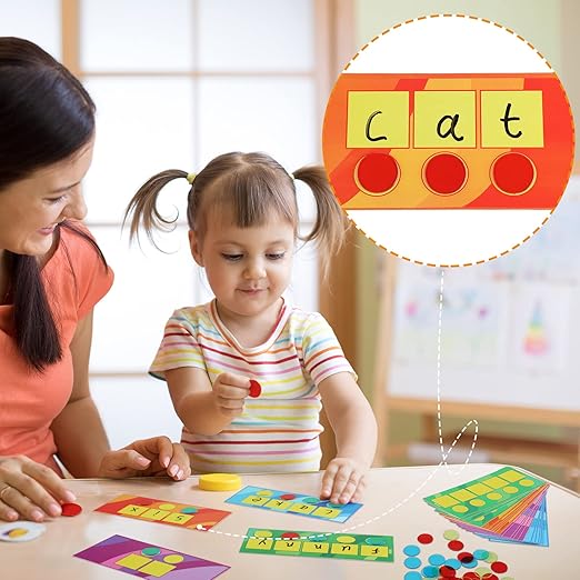 Sound Box Mats and Chips 24 Pcs Dry Erase Mats and 84 Pcs Chips Phonemic Awareness Games Phonics Reading Games Ezread Sound Box Kit(Vivid Style,PVC)