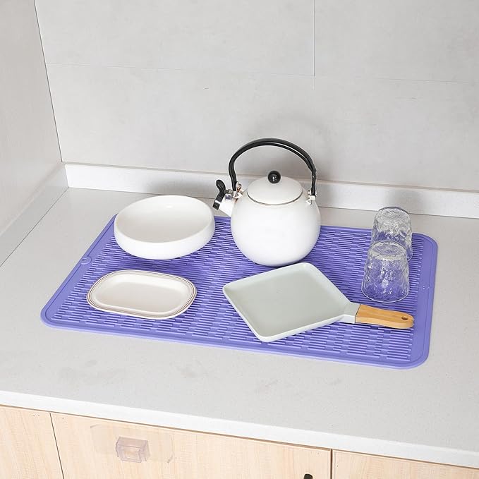 Silicone Dish Drying Mat for Multiple Usage,Easy clean,Eco-friendly,Heat-resistant Silicone Mat for Kitchen Counter or Sink,Refrigerator or Drawer Liner Light Purple 3XL 28 inches x 18 inches