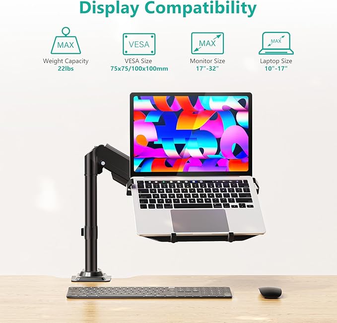 WALI Laptop Desk Mount for 15.6 inch Notebook, Adjustable Single Monitor Arm with Laptop Holder for 32 inch Screen, Laptops Stand with Ventilated Tray, Up to 22 Lbs, (GSDM00LP), Black