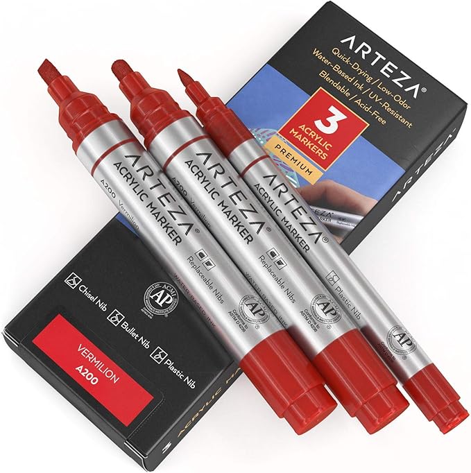 Arteza Acrylic Paint Markers, Pack of 3, A200 Vermilion, 1 Thin and 2 Thick (Chisel + Bullet Nib) Acrylic Paint Pens, for Metal, Canvas, Rock, Ceramic Surfaces, Glass, Wood, and Fabric