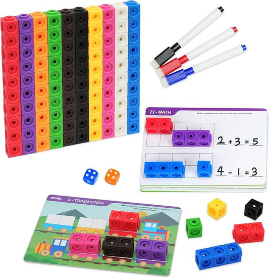 BenBen 100pcs Linking Cubes with 15 Double-Sided Activity Cards - Math Manipulatives for Kids Ages 4-8, Counting Blocks for Kindergarten, Snap Cubes STEM Educational Toy for Classroom & Homeschool