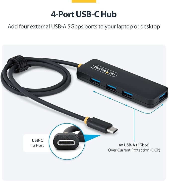 StarTech USB-C 4-Port Hub, SuperSpeed 5Gbps, 4 × USB-A Adapter, Bus-Powered Portable Hub with Extra Long 2 ft Cable, Plug-and-Play for MacBook, Dell, Chromebook, PC & Peripheral Devices