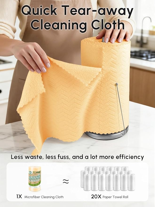 Microfiber Cleaning Cloths Roll, 75 Pack Tear Away Microfiber Towels Roll, 12" x 12" Lint Free Rags, Reusable Cleaning Cloths, Washable, Scratch Free,Ultra Absorbent Dish Rags(Orange Ripple)