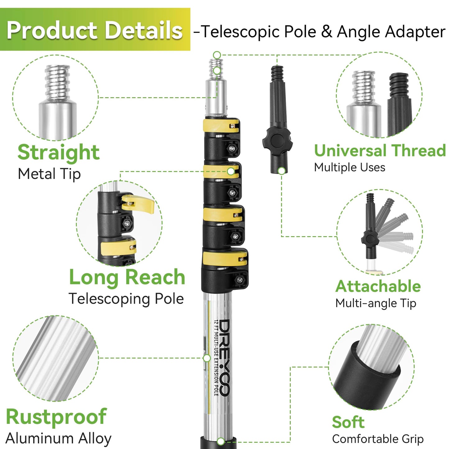 Dreyoo Light Bulb Changer Set with Telescopic Pole 3-12 ft, Metal, Yellow, Model DR-Dreyoo-0995