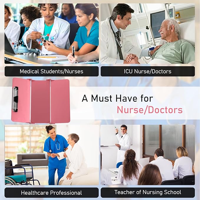 Nursing Clipboard Foldable, Foldable Clipboard w/Nursing Edition Cheat Charts,3 Layers Aluminum, Nurse Clip Board w/Low Profile Clip&Pen Clip Pocket for Students, Nurses and Doctors, Rose