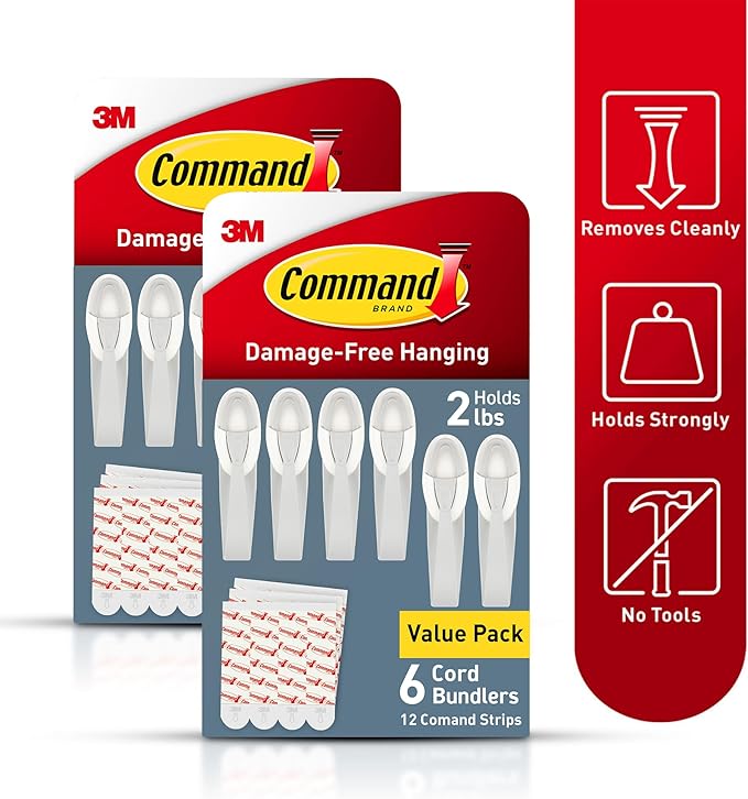 Command Cord Bundlers, Damage-Free Hanging Cord Organizer, No Tools Required for Hanging Electrical Cables, 12 Gray Bundlers and 24 Command Strips