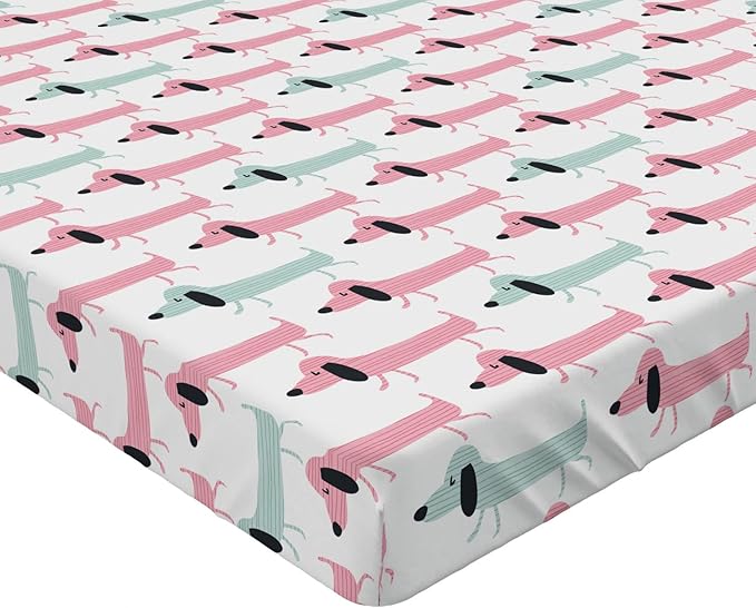 Ambesonne Dachshund Fitted Sheet, Pattern with Funny Cartoon Sausage Dogs, Bed Cover with All-Round Elastic Deep Pocket for Comfort, Full Size, Seafoam Pink