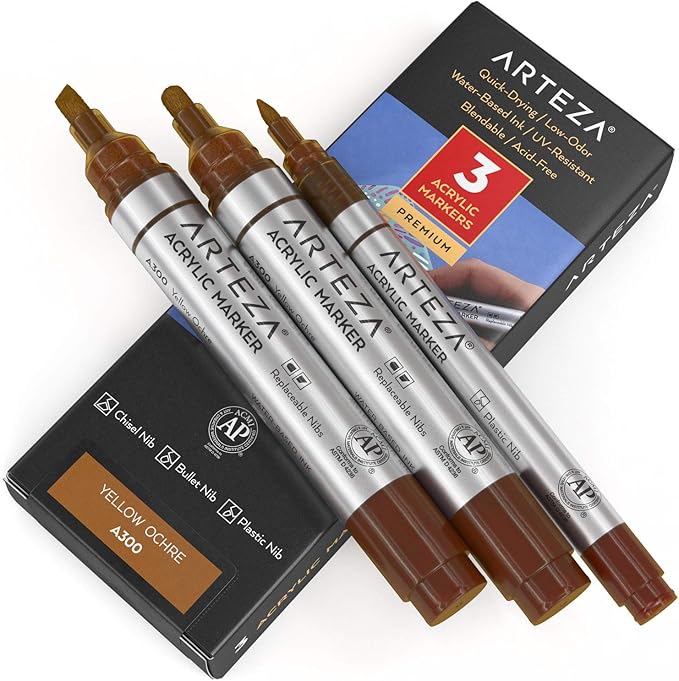 Arteza Acrylic Paint Markers, Pack of 3, A300 Yellow Ochre, 1 Thin and 2 Thick (Chisel + Bullet Nib) Acrylic Paint Pens, for Metal, Canvas, Rock, Ceramic Surfaces, Glass, Wood, and Fabric